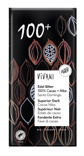 Vivani Chocolade puur superieur 100% cacao + nibs bio 80g